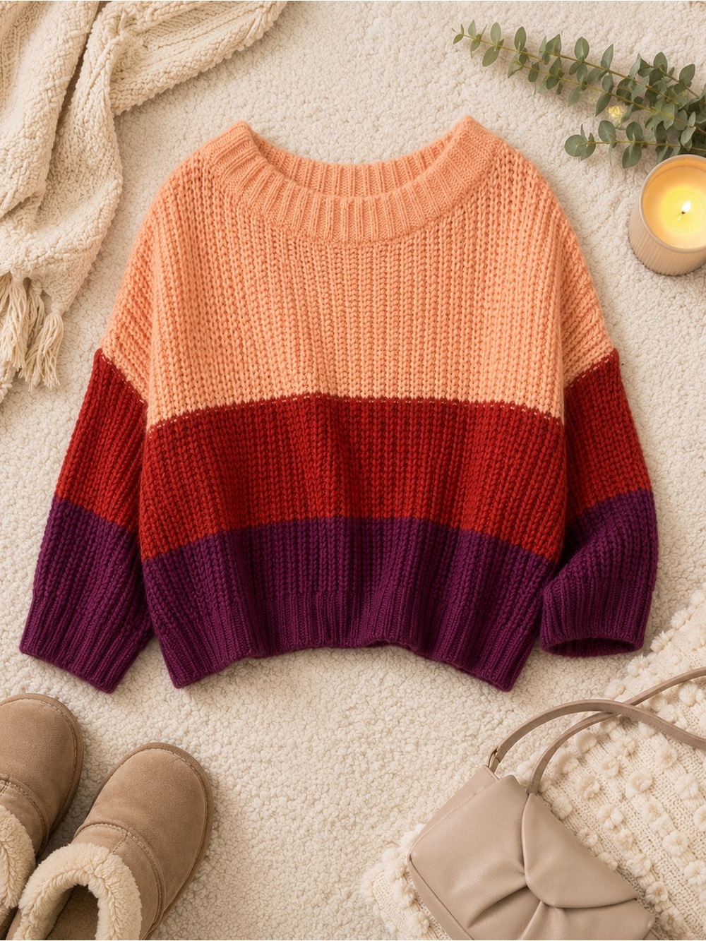 Aakaa Peach, Red & Plum Colorblock Crewneck Sweater